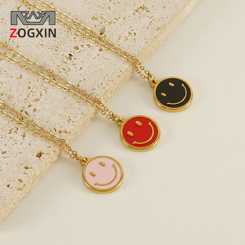 18k oro acero inoxidable redondo feliz smiley cara collar hembra ins Acero inoxidable europeo y americano aceite goteo smiley cara expresión colgante