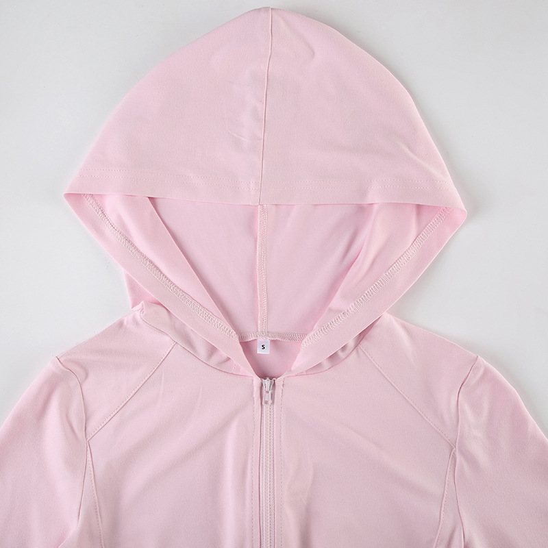 Solid Color Sports Fitness Running Top Yoga Slim Fit Fall Winter Outer Wear Hooded Zipper T shirt for Women