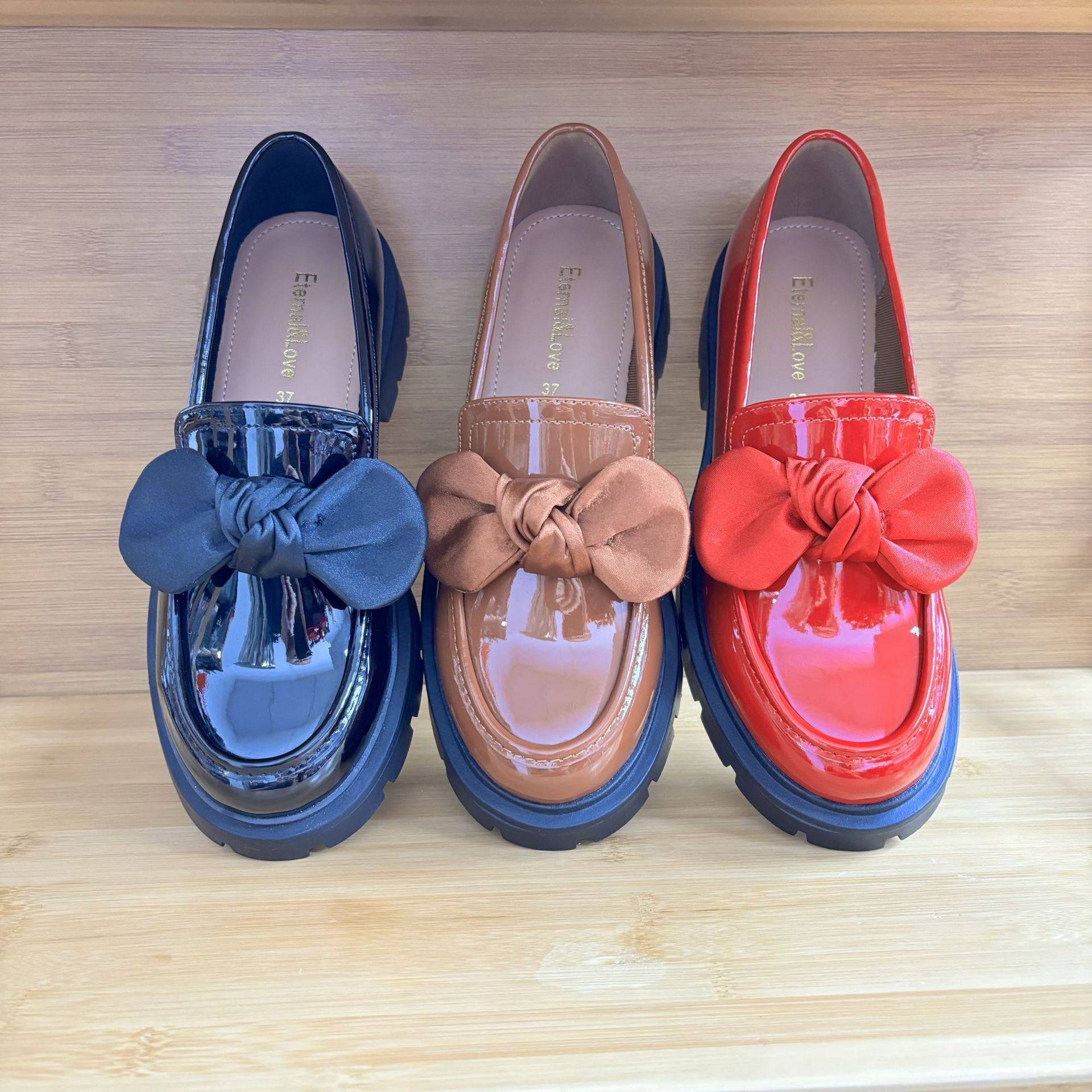 Women's Patent Leather Bowknot Loafers With Thick Heel For Women_voghion.com