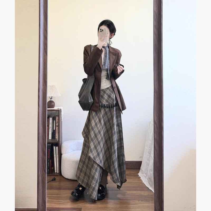 MENGXIANG 复古小众麂皮绒西装外套女小个子2025新款+流苏格纹裙|undefined