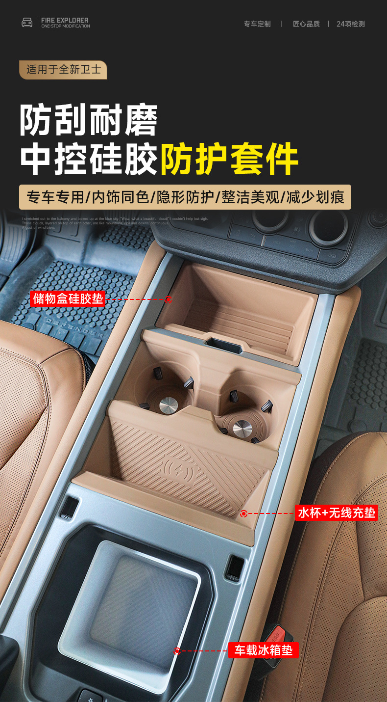 Suitable for 20-26 models of Land Rover Defender 110, silicone pad wireless charging protective cover, 90 central console cup holder anti-slip mat