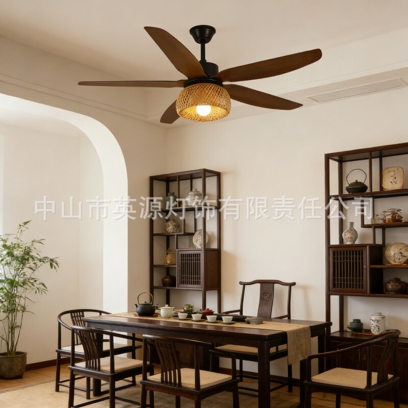Southeast Asian Wabi-Sabi Retro Woven Rattan Dining Room Tea Room Sunroom Guesthouse Hotel Vintage Fan Lamp Ceiling Fan Lamp