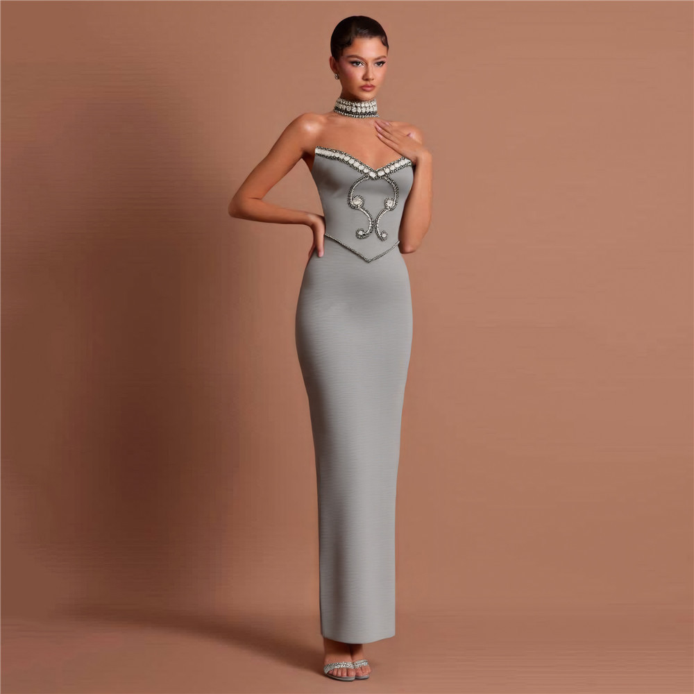 2025 New Bandage Skirt Tube Top Rhinestone Choker Long Skirt Gray High-End Dress Skirt European and American Banquet Party Skirt