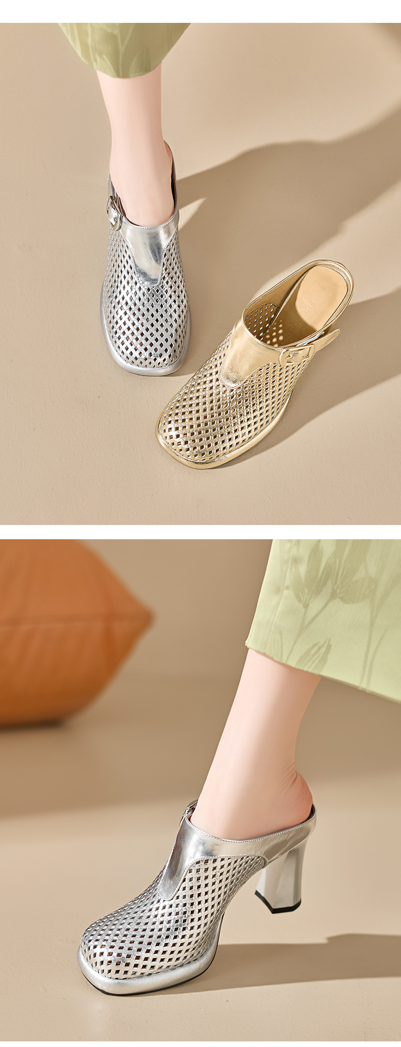 Sandal cao gót nữ mũi tròn đục lỗ, đế dày 8,5 cm, phong cách Âu Mỹ — màu vàng chi tiết 3