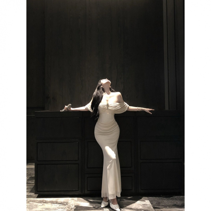 French Tube Top Dress for Women's Summer Birthday Party Dress Sexy Fishtail Long Skirt Tight Hip-Hugging Skirt