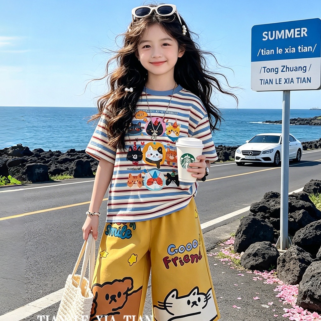 女童夏季涂鸦卡通两件套2026新款中大童洋气条纹撞色印花休闲套装