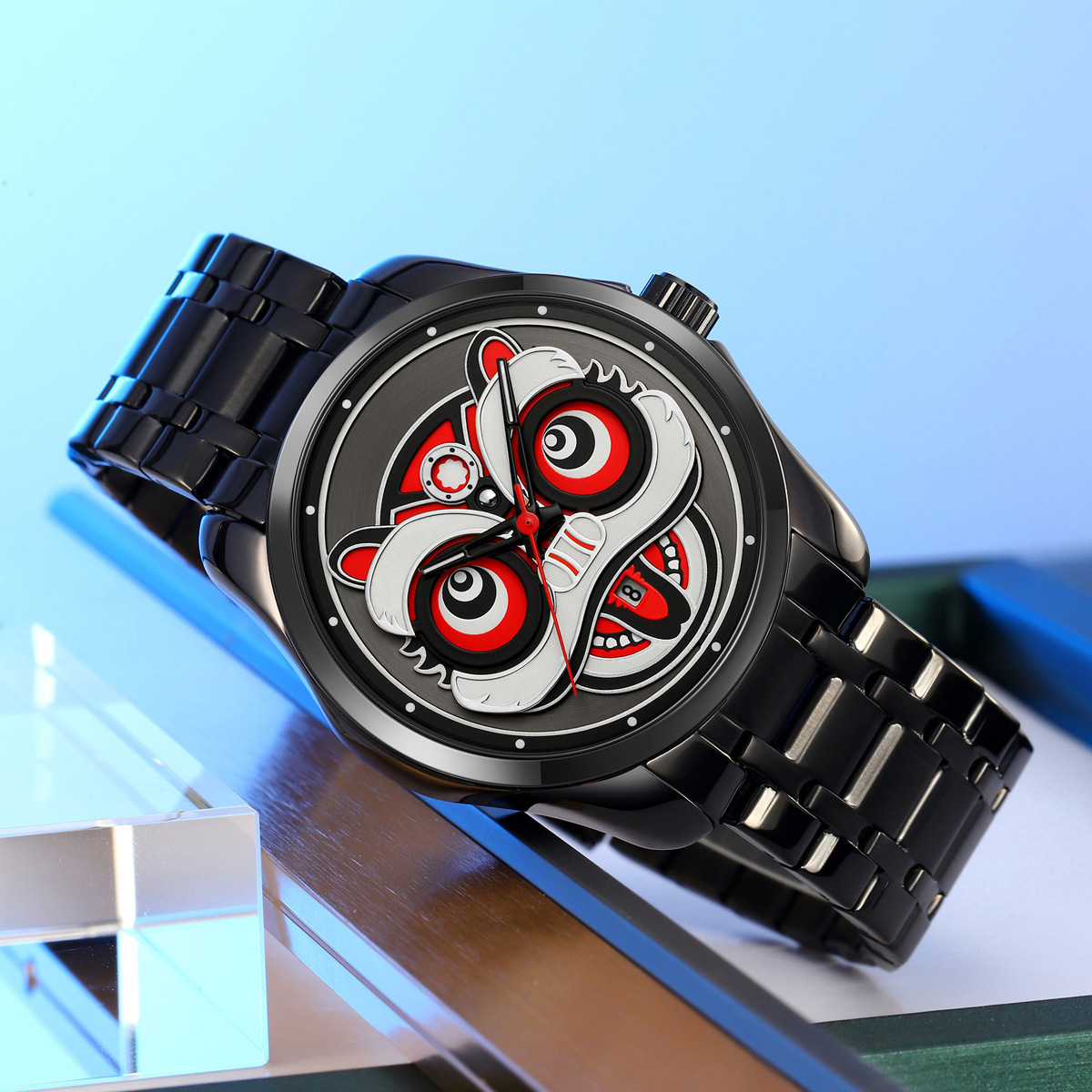 Momento despierto esfera de león reloj de cuarzo de tendencia nacional creativo reloj de pulsera correa de acero hombre reloj impermeable fuente al por mayor