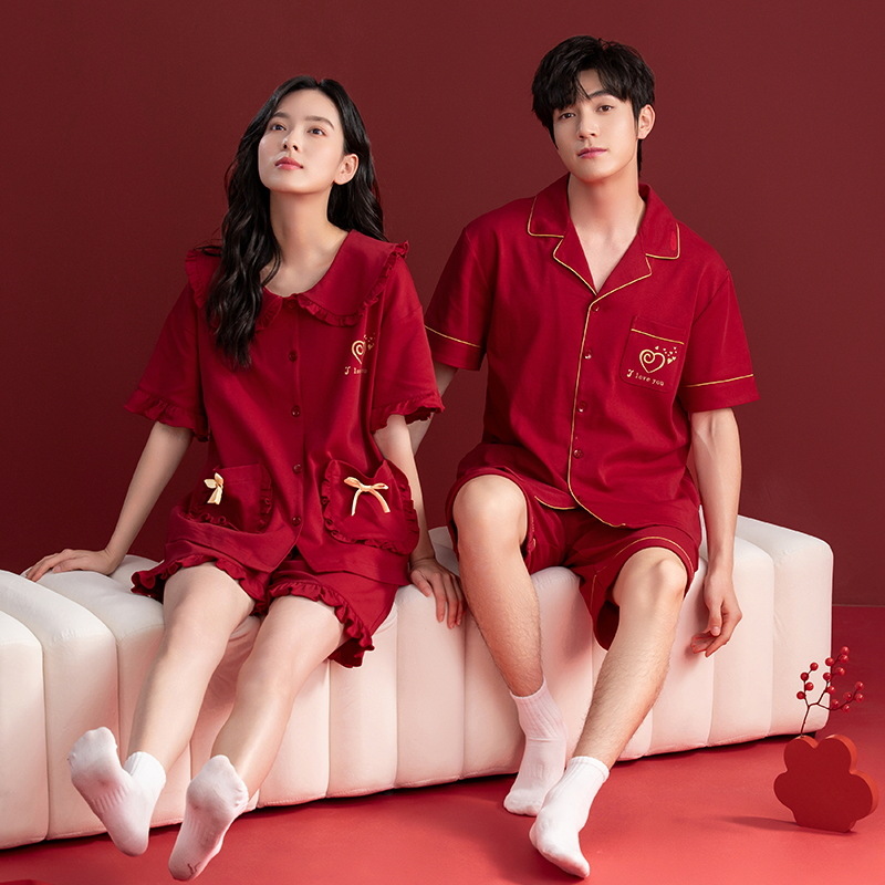 [7A antibacteriano] Conjunto de pijama de pareja de boda rojo verano algodón fino pantalones cortos de manga corta traje de servicio a domicilio