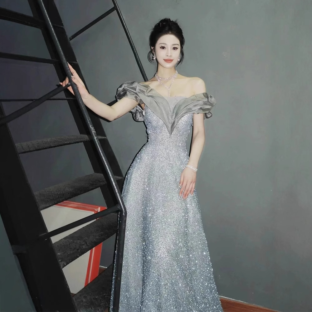 Silver Gray Host Banquet Evening Dress New Sequined Long Dress French One-Shoulder Stage Performance Clothing