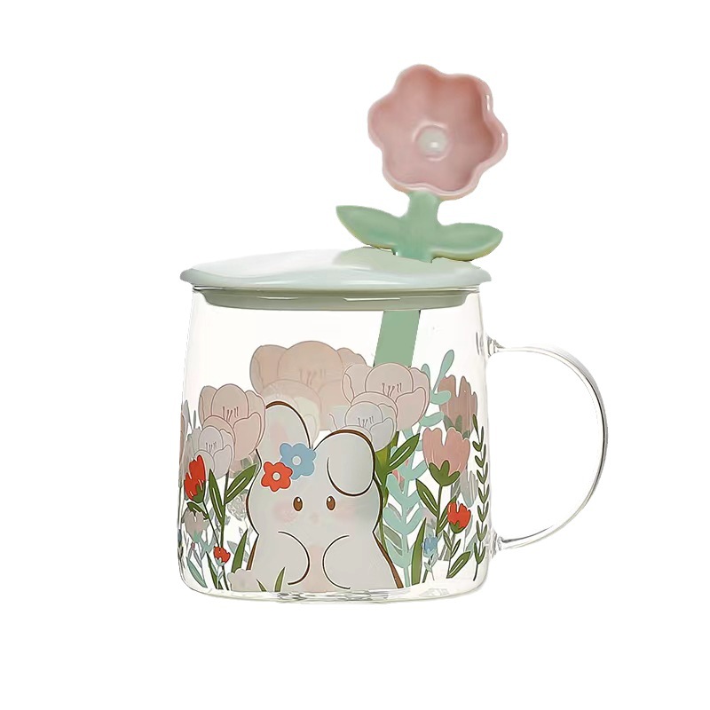 Creativo personalizado Flor de vidrio con tapa cuchara pequeño animal fresco de alto aspecto chica regalo casa taza