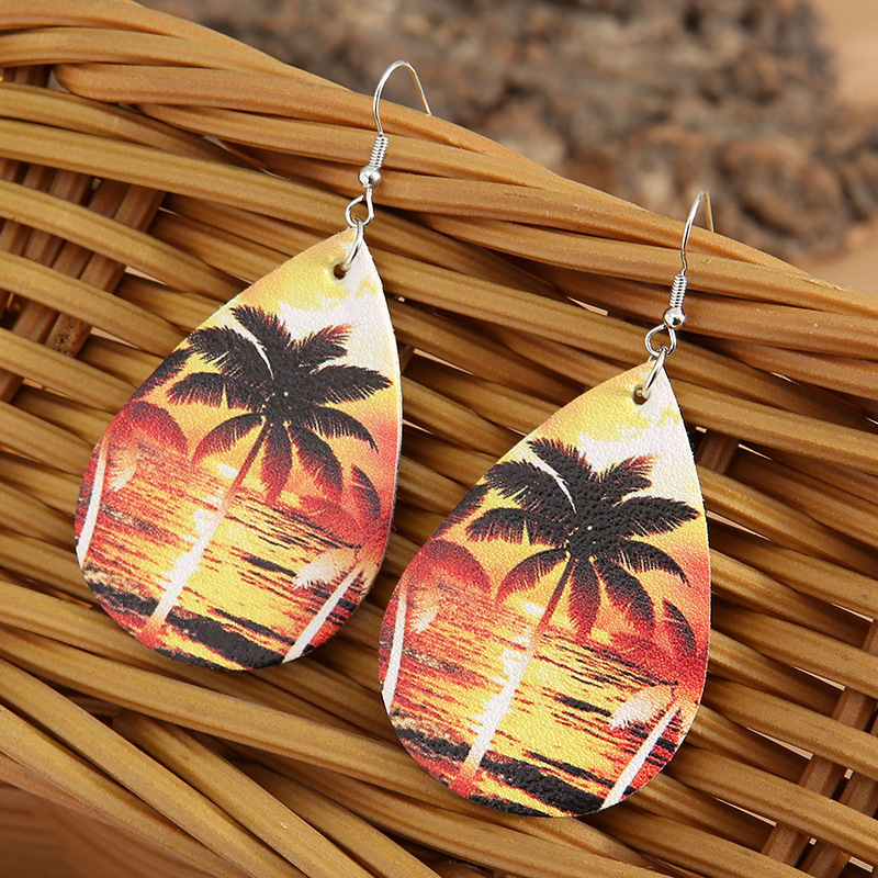 Coconut Tree Leather Seaside Holiday Sunset Printed Earrings display picture 3