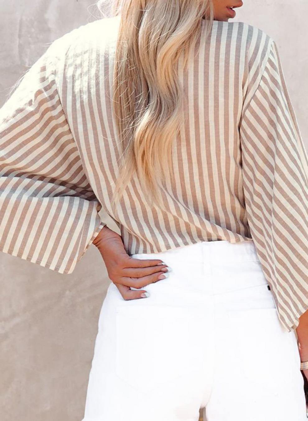 loose long sleeve striped bow V-neck crop top NSYF127375