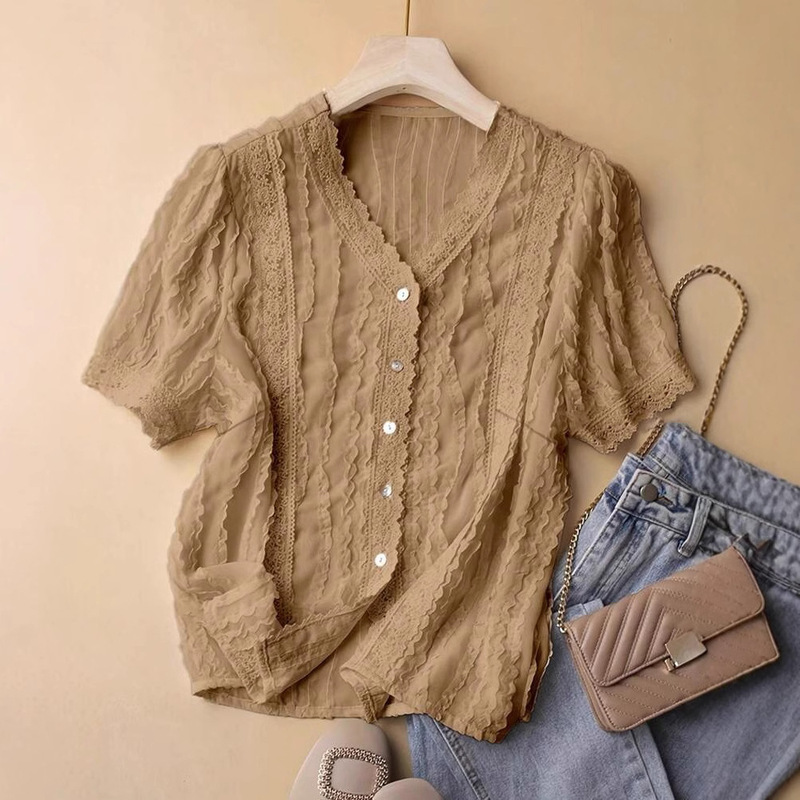 Amazon European and American Cross-Border Foreign Trade Women's Clothing Chiffon Lace Heavy Craftsmanship Patchwork Short-Sleeved Shirt for Women