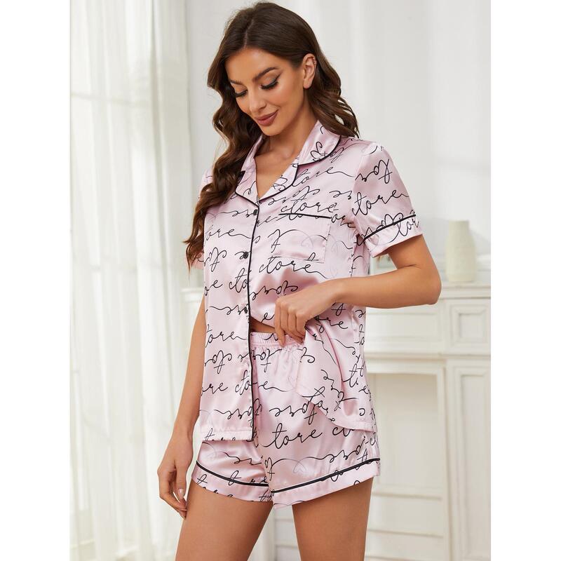 Cross-Border European and American Pajamas for Women Summer Letter Printed Ice Silk Short-Sleeved Shorts Home Clothes Set Galaжама
