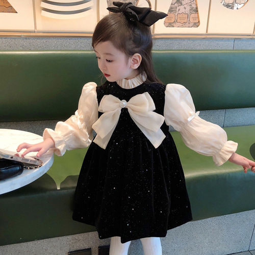Little Girl Spring and Autumn Dress French Style Children's  New Black Baby Girl Spring Outfit Princess Dress