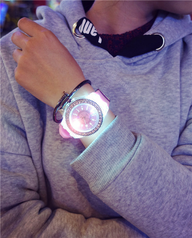 Luminous luminous personality rhinestone led Harajuku Korean fashion trend men and women students couple jelly quartz watch_voghion.com