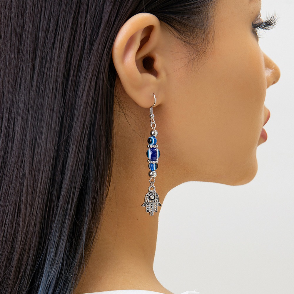 Bijoux de style ethnique pendentif main de Bouddha longues boucles d'oreilles simples perlées mauvais œil_voghion.com