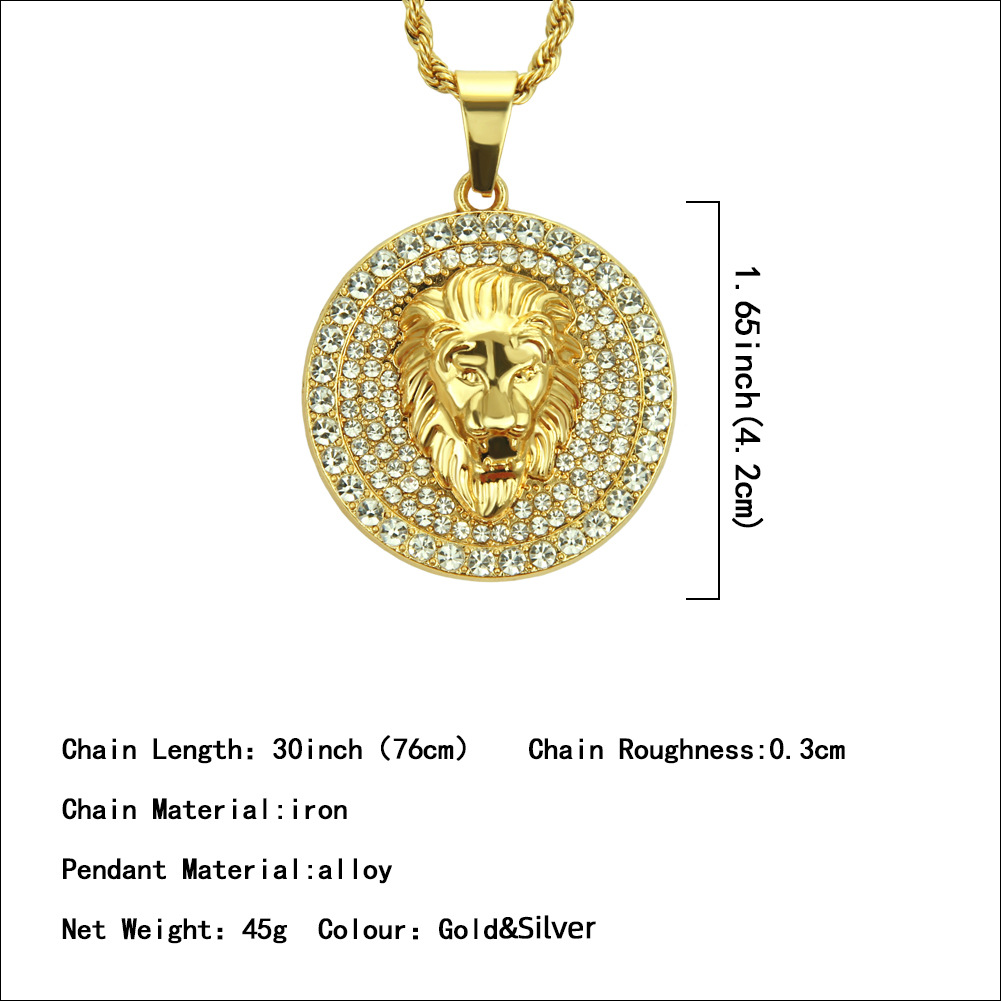 AliExpress deseo Venta caliente popular tridimensional diamante incrustado redondo cabeza de león collar de moda de los hombres hiphop colgante de la joyería