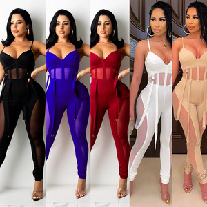 Women's jazz dance night club jumpsuits black wine royal blue mesh see-through sexy sling bar stage performance rompers trousers hot dance catsuits