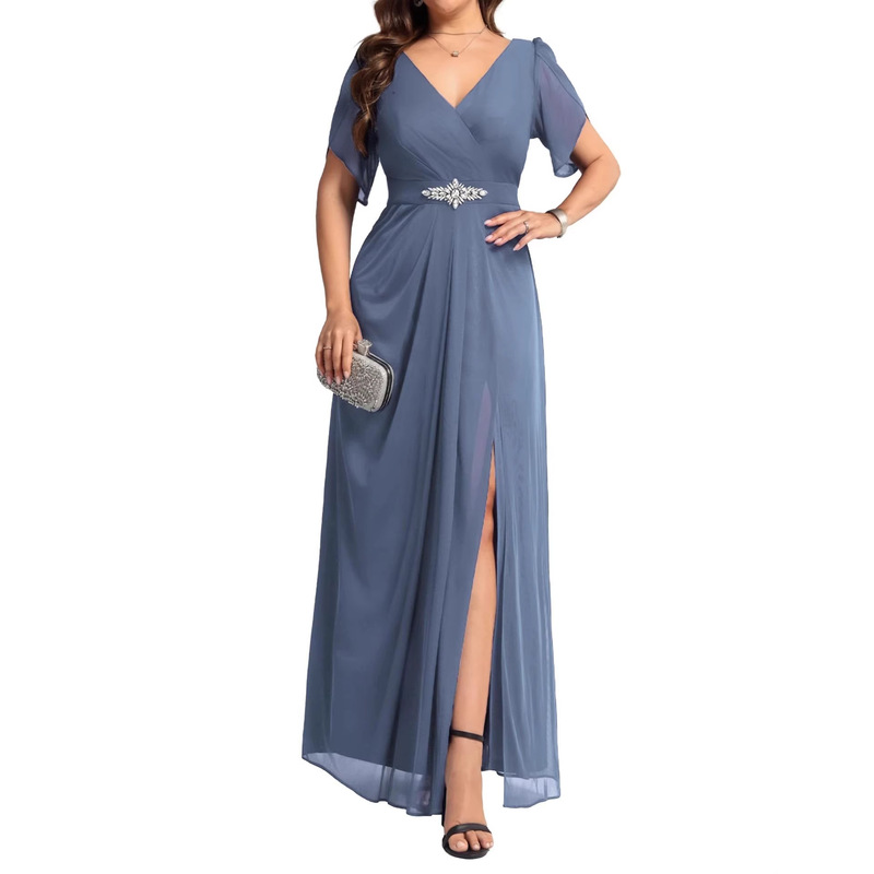 Women's Cape Sleeve Mother of the Bride Dress with Rhinestones, Chiffon, Extra-Long Formal Evening Gown, 2025 European and American Cross-Border V-Neck