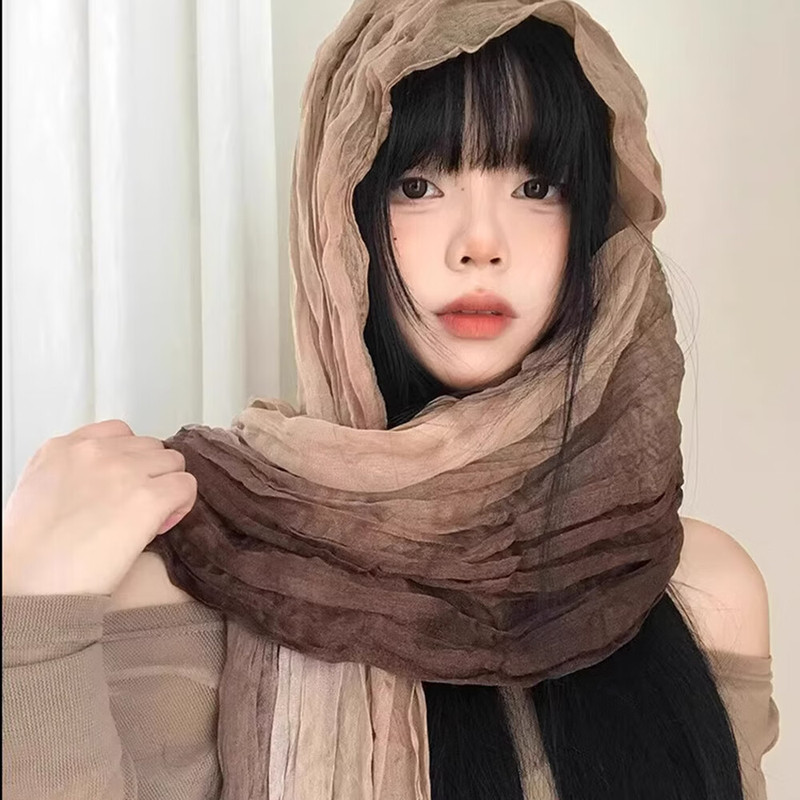 Ethnic Style Scarf, Wasteland Style, Linen Pleated Gradient Headscarf, Desert Silk Scarf, Stylish Hot Girl Neck Scarf, Trendy Shawl