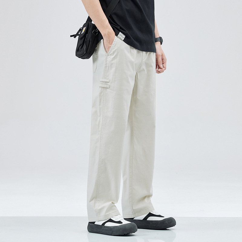 Spring and Summer new loose straight thin casual pants men's American fashion brand creamy-white elastic waist overalls