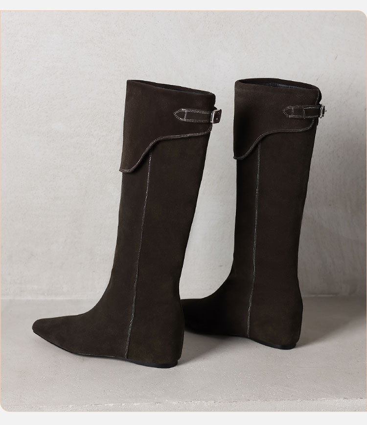 Boot nữ cổ cao da mờ phong cách Wasteland, đế xuồng tăng chiều cao, mùa thu đông — Màu nâu, xanh xám chi tiết 10
