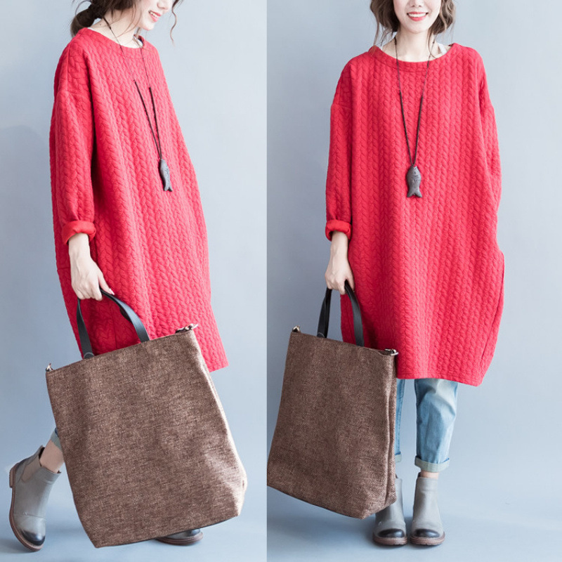 2026 Autumn/Winter Plus Size Women's Korean Style Cotton and Linen Fashionable Artistic Dress Loose Fit Slimming T-Shirt for Plus Size Women