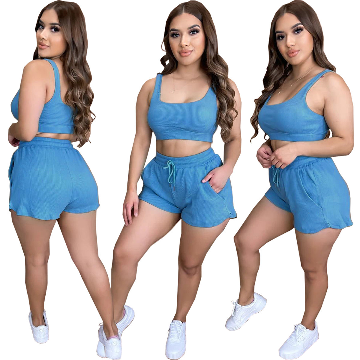 Sexy Solid Color Sleeveless Sling Shorts Set NSSJW58675