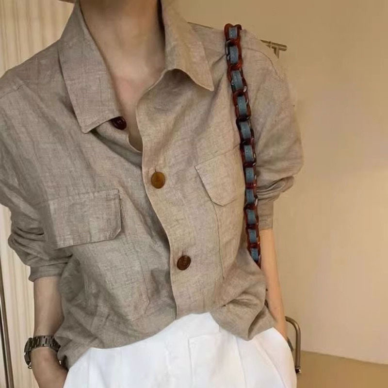 Close Your Eyes and Enter the Series! Scandinavian Style Fashionable Light Khaki Cotton and Linen Small Suit Spring and Summer Thin Casual Suit Shirt