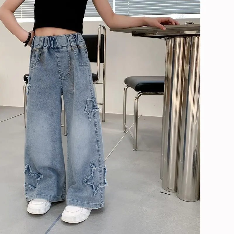 新款女童牛仔阔腿裤春秋款中小童韩版宽松毛边秋季洋气女宝长裤子|undefined