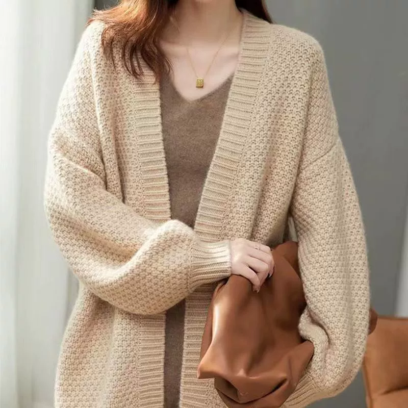 Корейская версия трикотажного пальто без пряжки 2024 осень и зима новый ленивый стиль дизайн чувство свободного мяса темперамент свитер женский