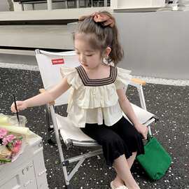 女童荷叶边套装韩版儿童时髦洋气夏季童装衣服宝宝七分裤两件套潮