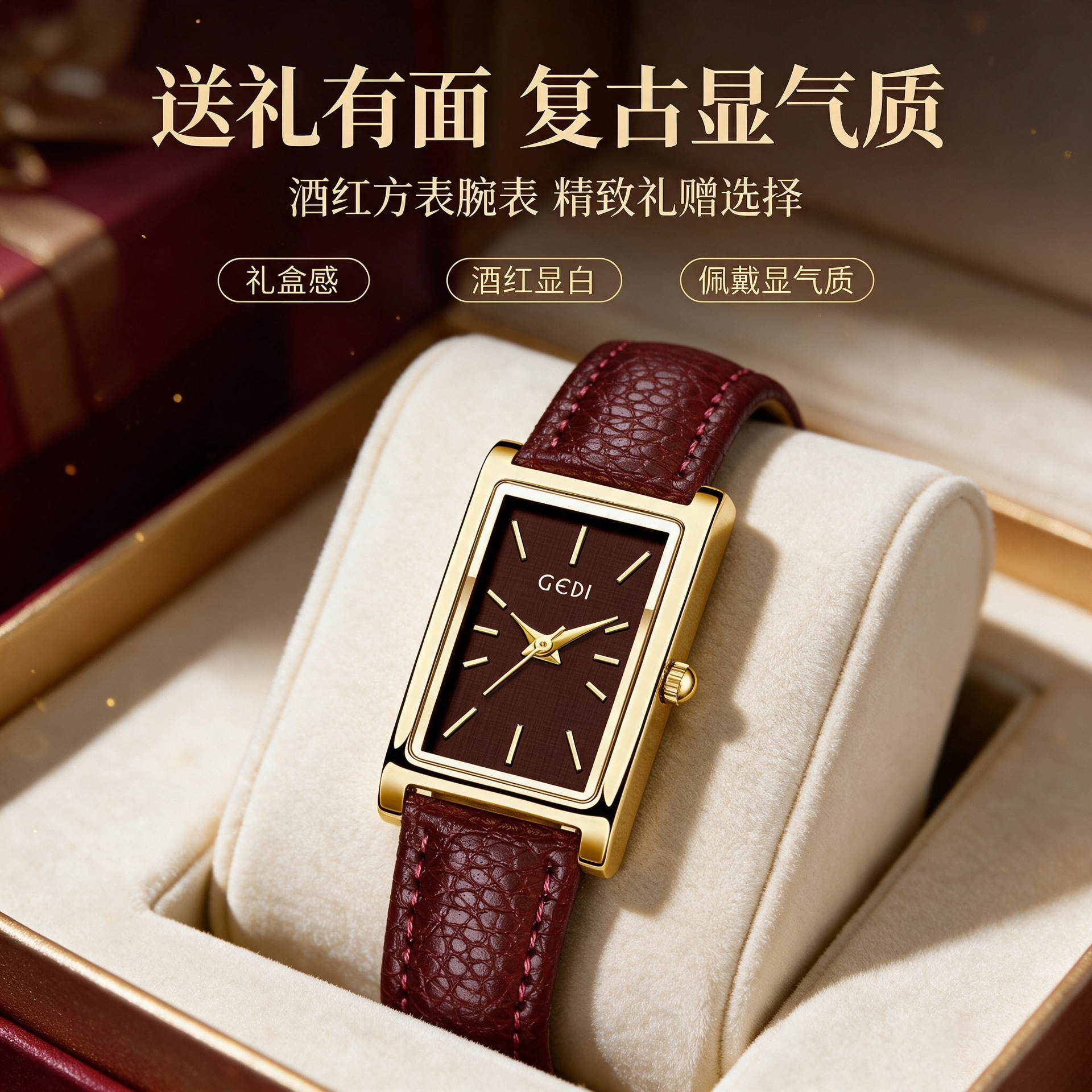 The Godiva Ankera Red Square Quartz Watch, a minimalist style women's retro leather quartz watch, exudes a sophisticated and elegant feel.