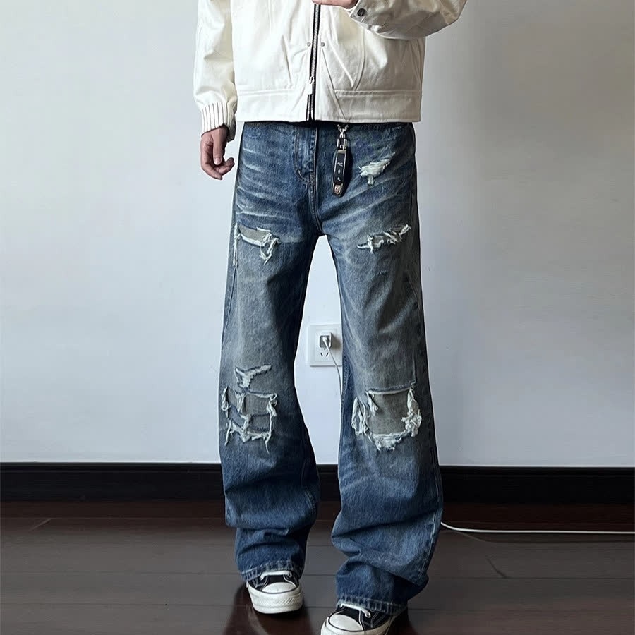 Men's Distressed Washed Denim Jeans With Rip & Frayed Details, Loose Fit Straight Leg Pants, Vintage Streetwear Style For Casual Wear_mkmklike.com