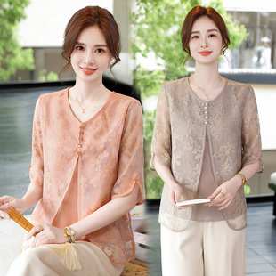 Temperament Age-reducing Middle-aged Mother's Summer Round Neck Mid-sleeve Small Shirt Loose Slimming Fake Two-piece Chinese Style Top for Women
