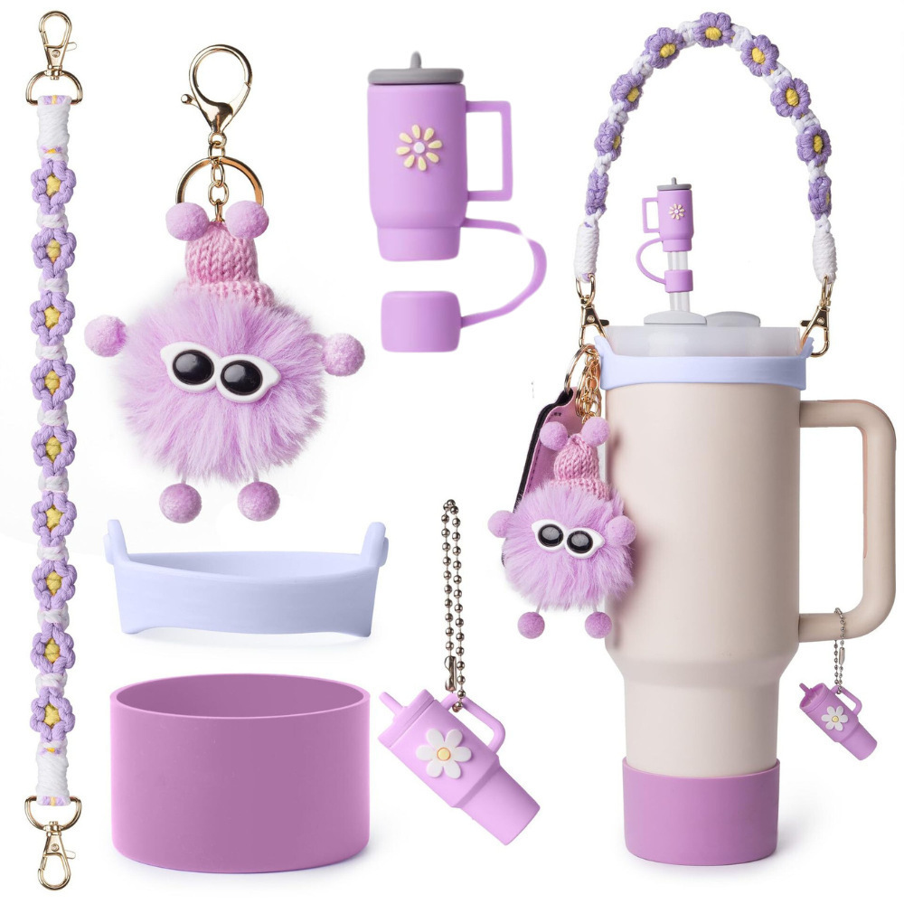 7pcs taza Stanley cuerda de mano colgante de silicona flor tapa de pajita bola de felpa colgante de copa cadena de taza de color