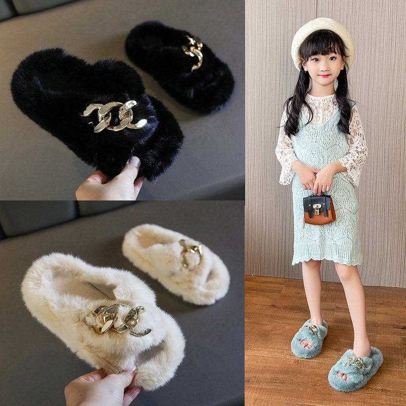 Children's fur slippers girls candy colo...