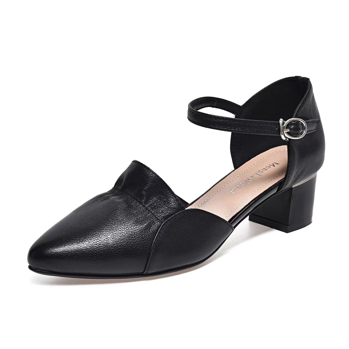 Sandal nữ quai ngang mũi nhọn da thật gót 5 cm — Màu Mơ (Chiều cao gót 5 cm)