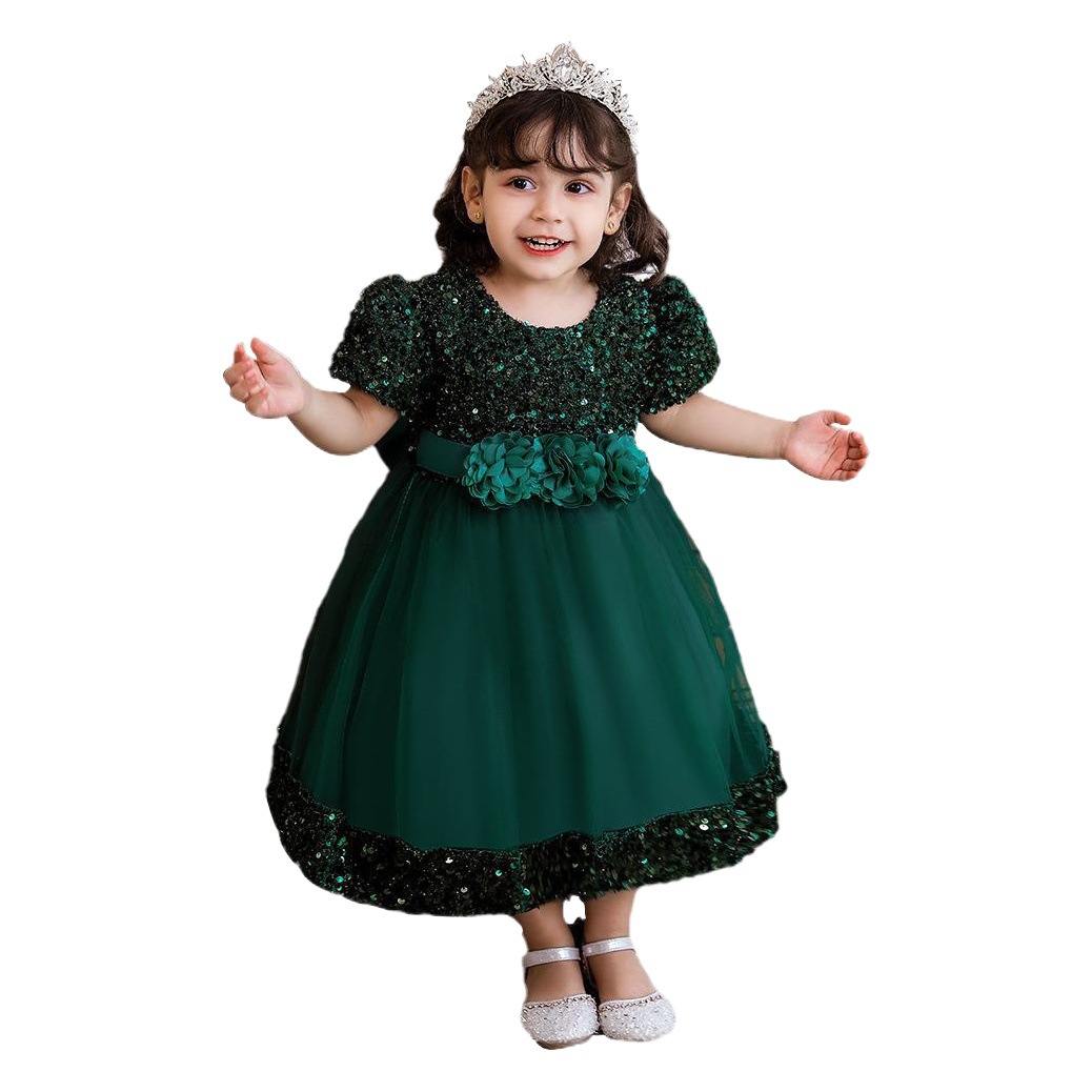 Europeo y americano Amazon niños vestido princesa vestido manga corta lentejuelas pettiskirt niña flor niña vestido de novia vestido