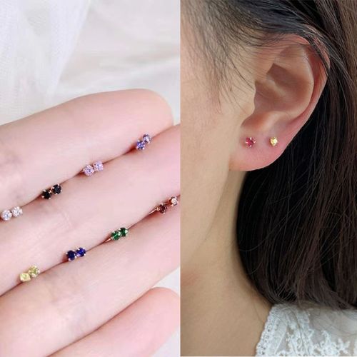 Mini 925 Silver Needle with Four-Paw Colorful Diamonds, Sleepable without Removing, Ear Hole Ear Sticks, Instagram Style Ear Bone Earrings