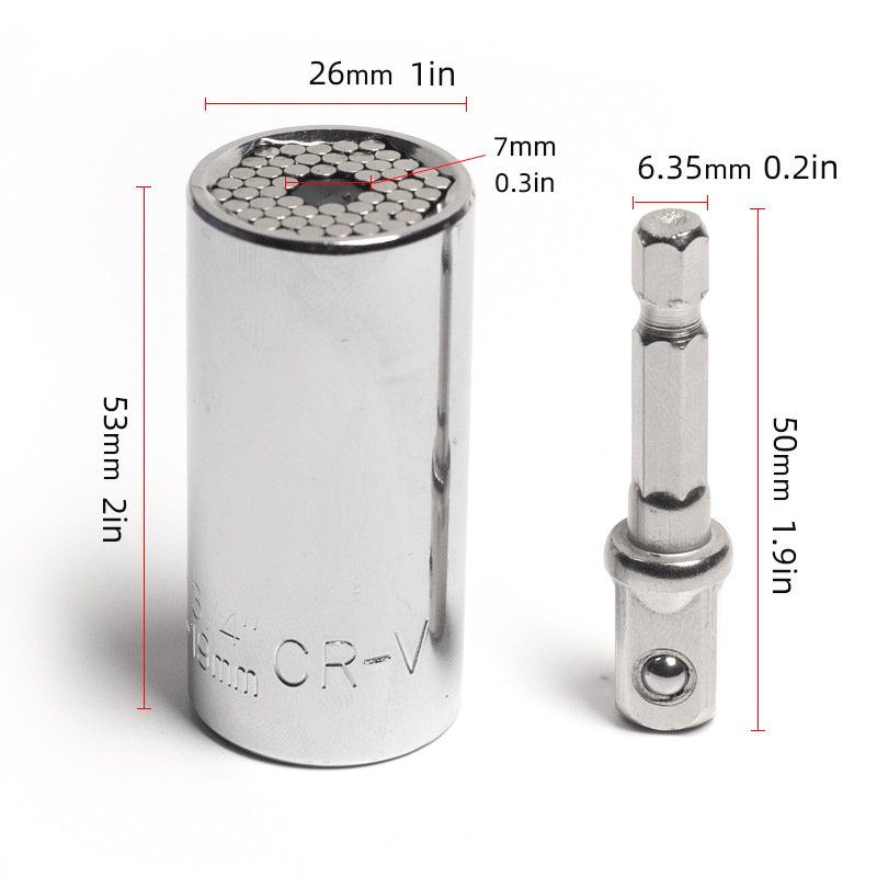 公英制7-19mm套筒3/8"六角柄接杆1/4"-3/4"银色棘轮套筒X20