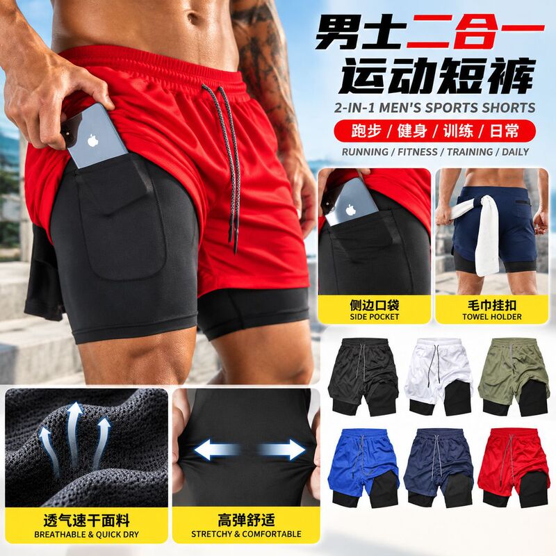Men's Double-Layer Fitness Shorts Gym Training 2-in-1 Sports Quick-Dry Workout Jogging Quick-Dry Summer Men's Double-Layer Fitness Shorts Gym Training 2-in-1 Sports Quick-Dry Workout Jogging Quick-Dry Summer