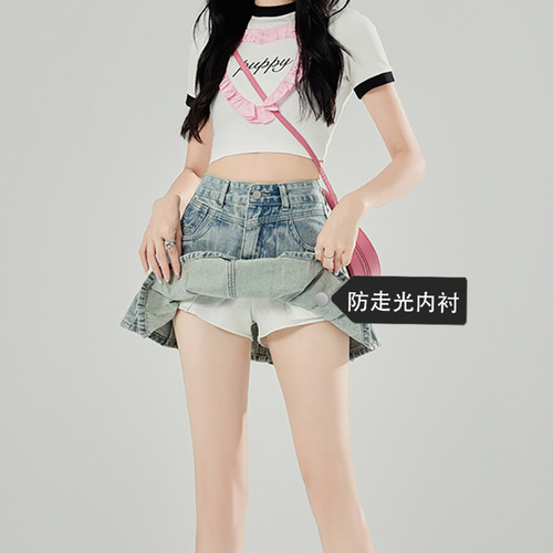 Light Blue Denim A-Line Pleated Skirt with High Waist for Spring and Summer, Shows Legs, Hot Girl Short Skirt