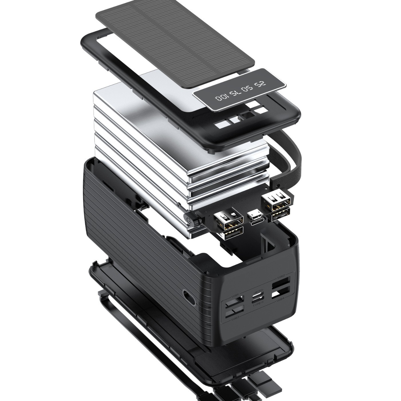 Batterie externe portable grande capacité 60 000 mAh avec cordon, alimentée à l'énergie solaire, quatre fils, personnalisable pour une utilisation transfrontalière._voghion.com