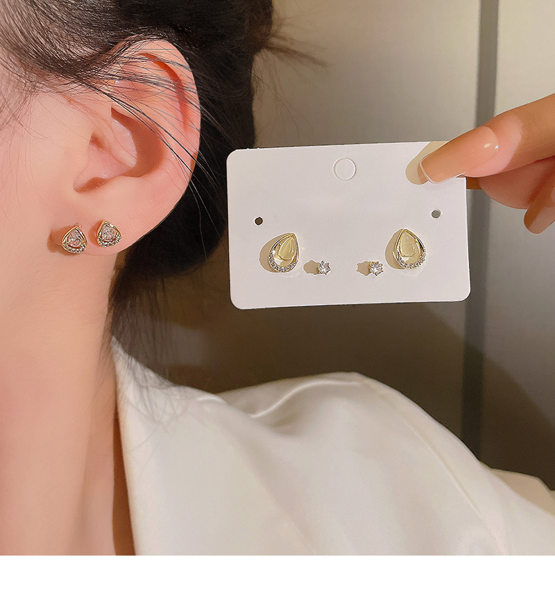 Fashion Water Droplets Bow Knot Copper Plating Opal Zircon Ear Studs 3 Pairs