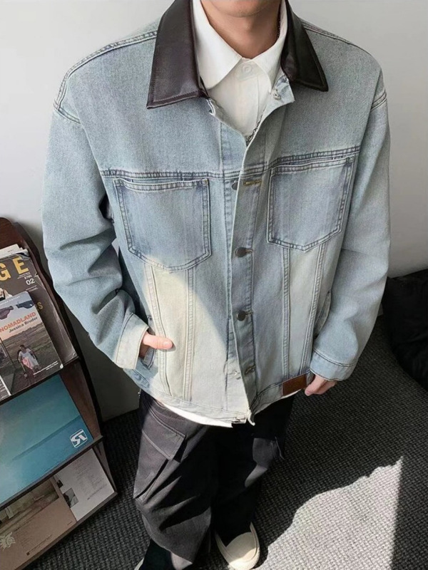 美式水洗拼接牛仔外套男秋季潮牌设计感街头痞帅宽松廓形工装夹克|undefined