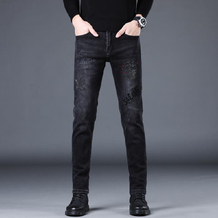 Jeans noirs pour hommes, marque de mode brodée, nouveaux pantalons à pieds slim, pantalons décontractés Joker pour hommes, 2022_voghion.com