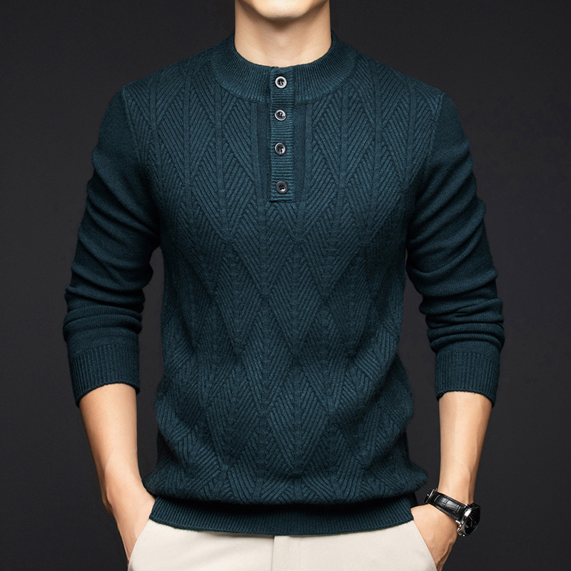 Men's Knitted Sweater Pullover with Semi-High Round Neck, Business Style, Thickened, Long-Sleeved, Industrial Style, Autumn and Winter Solid Color Inner Wear Top