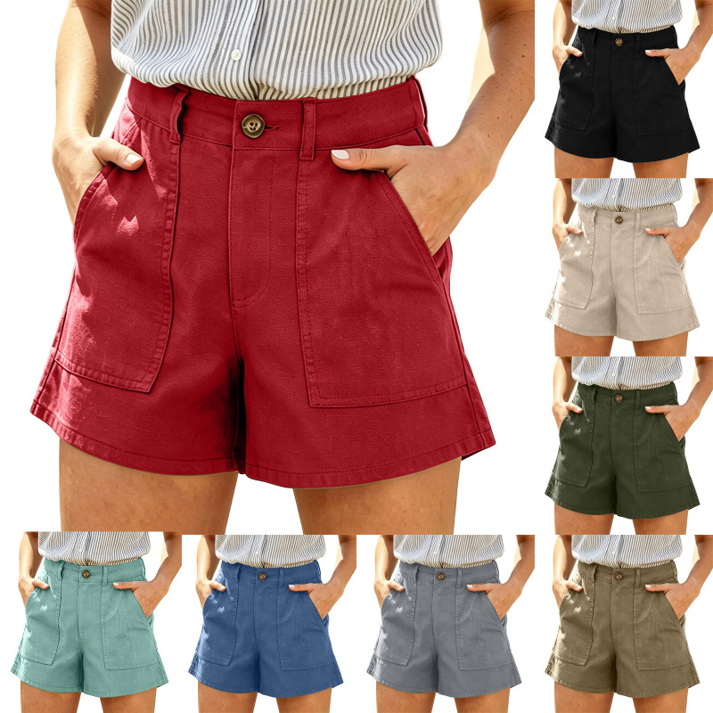 2026 European and American Amazon women's shorts with pockets and buttons, high-waisted shorts, summer wide-leg casual beach shorts